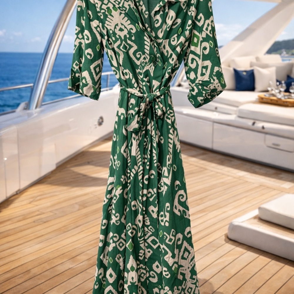 Zara Green and Cream Printed Wrap Maxi Dress